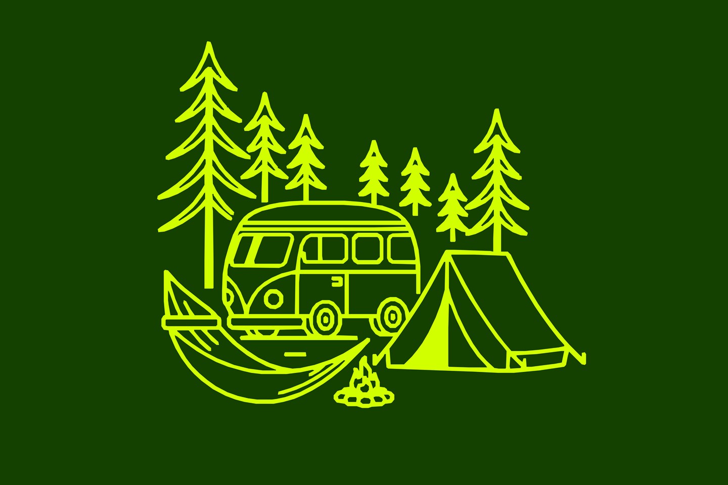 An illustration depicting a campsite with trees, a tent, and a caravan.